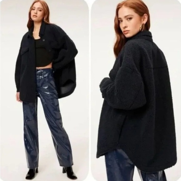 Good American‎ Contour Faux Shearling Jacket Black Sherpa Shacket Size S/M - Picture 1 of 12